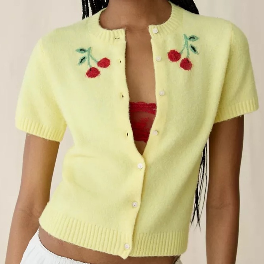 Cherry-Embroidered Short-Sleeve Sweater